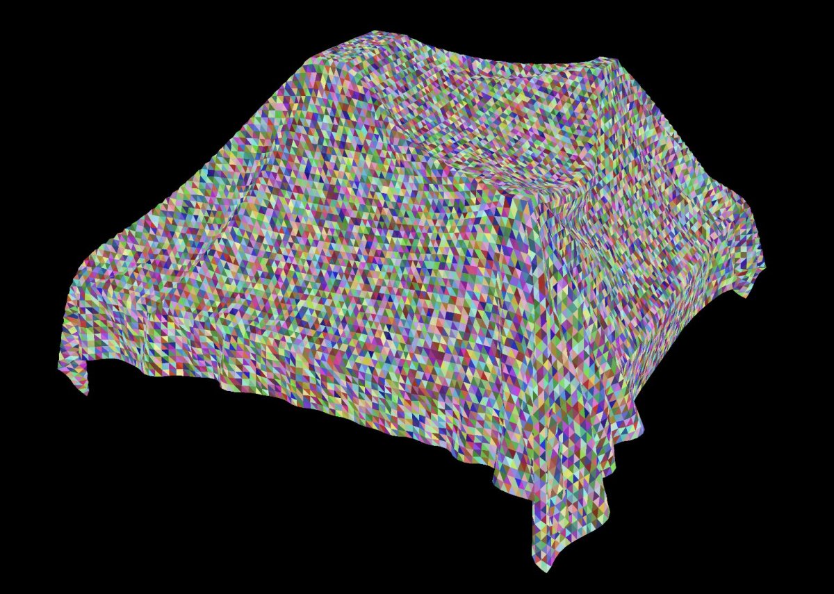 A mesh representing a veil. Each triangular face has a different random color.