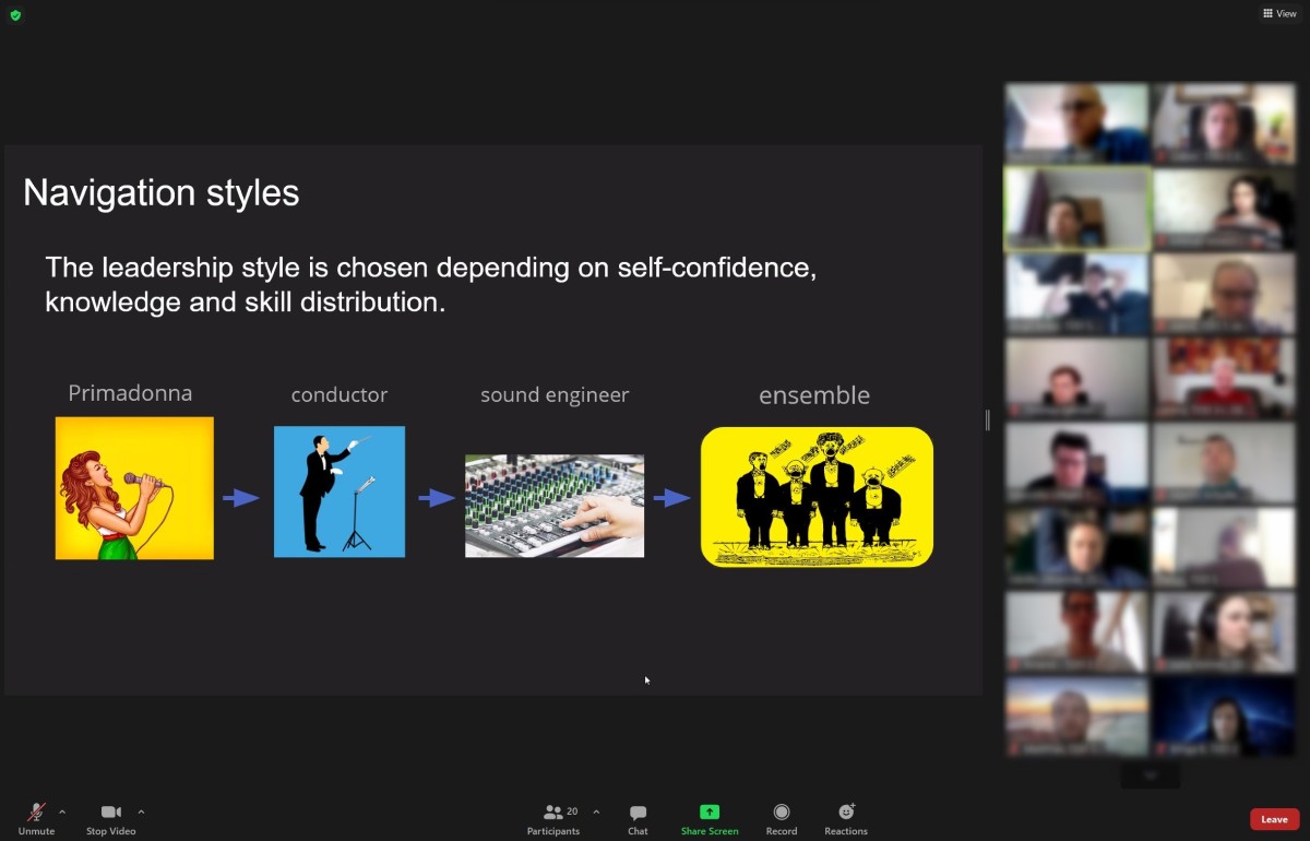 Screenshot of the retreat's actual Zoom meeting, with a slide showing the four mobbing styles, and the webcams of participants blurred out on the right.