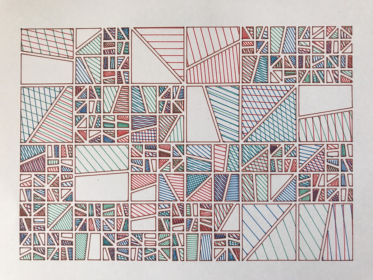 Plotter drawing of a rectangle's harmonious recursive subdivision, with most areas filled with diagonal hatch lines.
