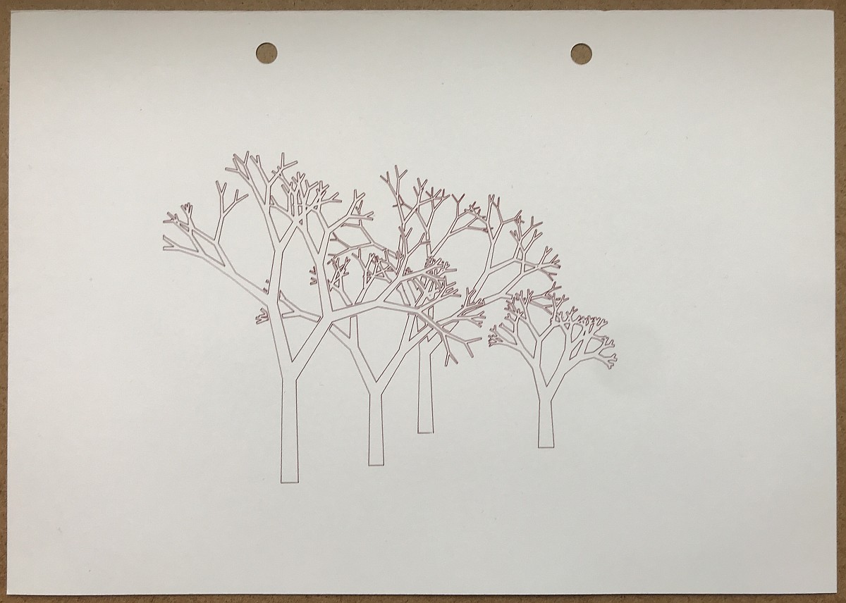 Four procedurally generated trees of slightly different shapes and sizes, shown as the outlines of their branches.