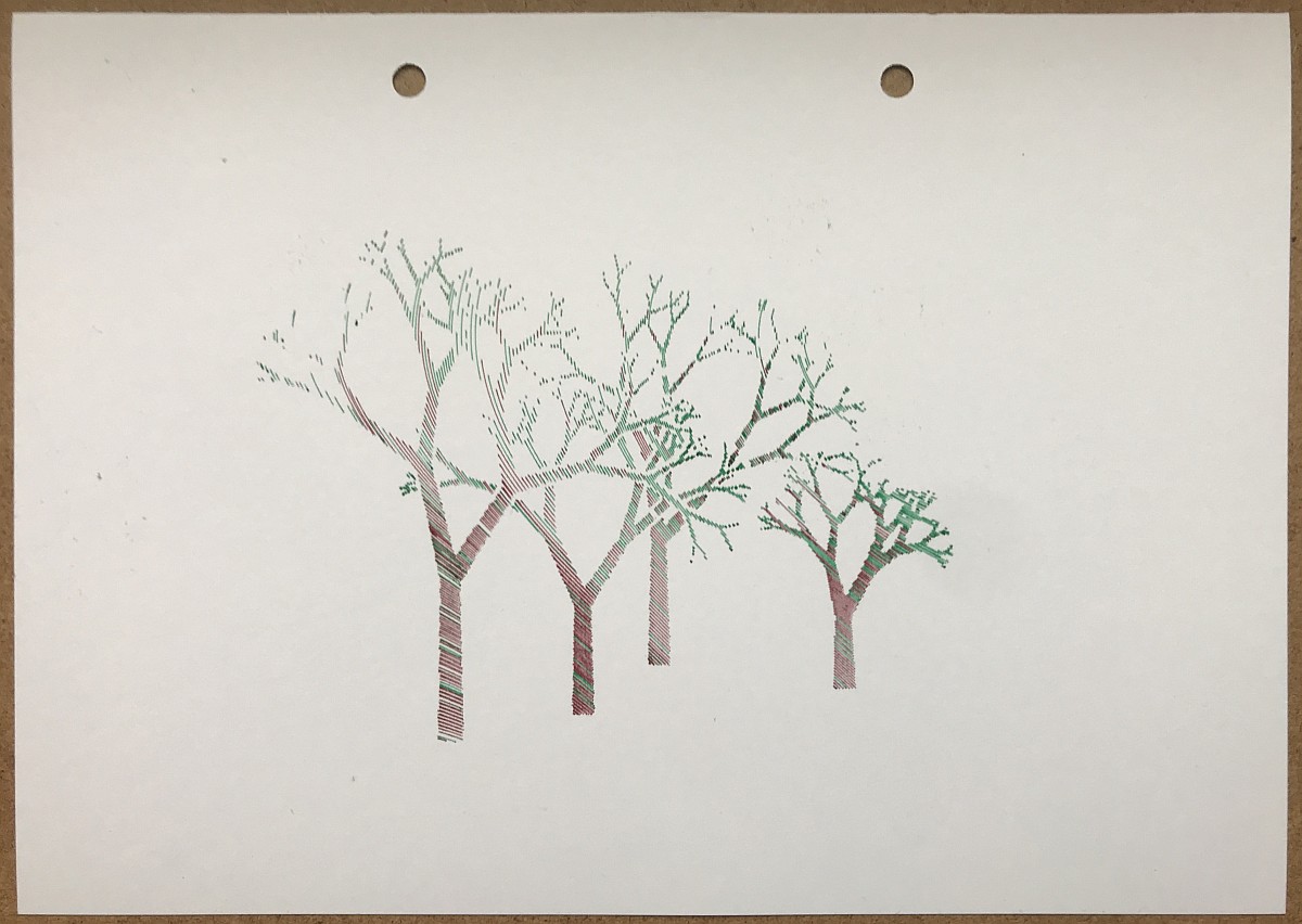 Four trees of slightly different shapes and sizes, filled with brown lines at the bottom and green lines at the top.