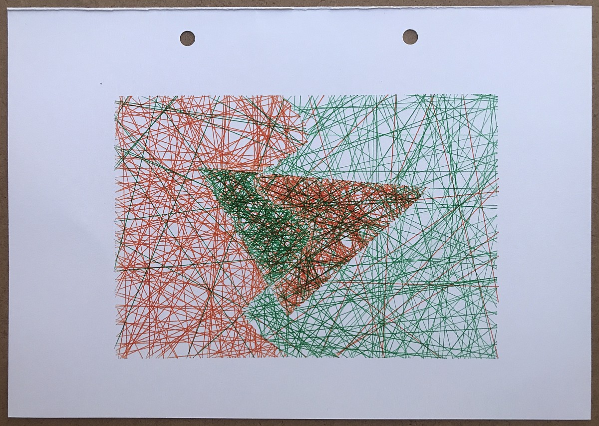 A triangle in front of a background split in two by a sinusoid curve. The image is a collection of straight green and red lines at random angles; no outlines are drawn.