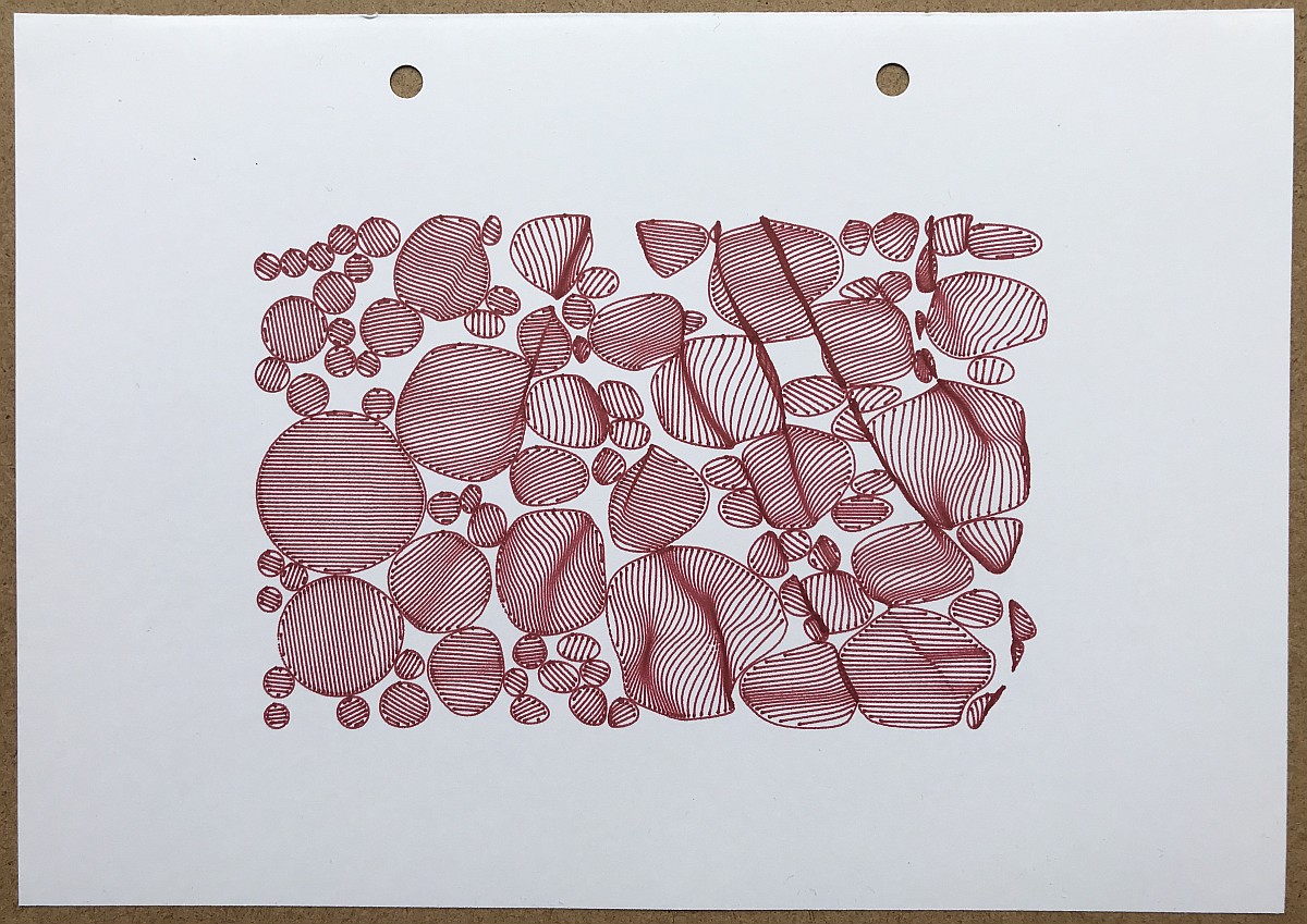 Circles of various sizes, filled with parallel lines. Towards the right the circles and lines are distorted to give the impression of a wrinkled surface.