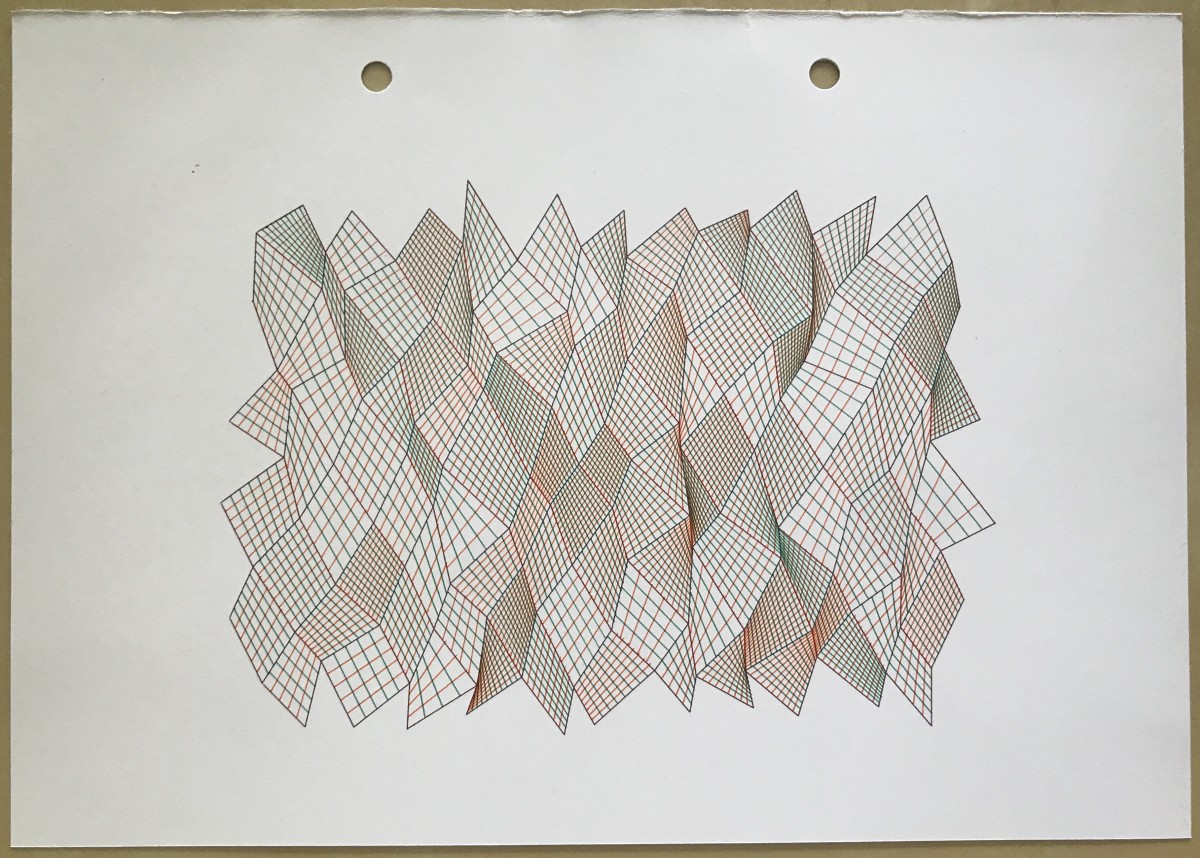 Abstract plotter drawing in red, blue and green, resembling an irregular crystalline surface.