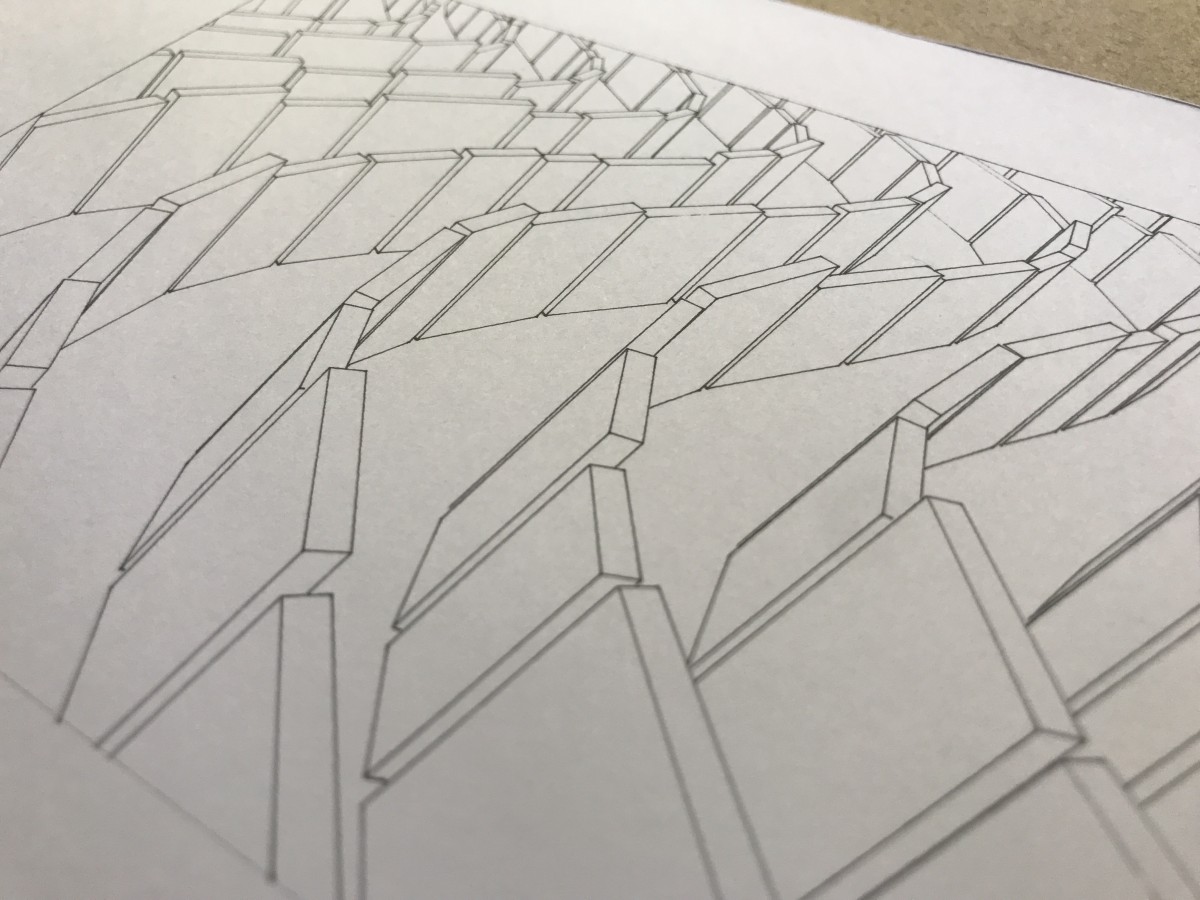 Line drawing of elongated cubes standing upright, resembling wall segments arranged in a winding pattern.