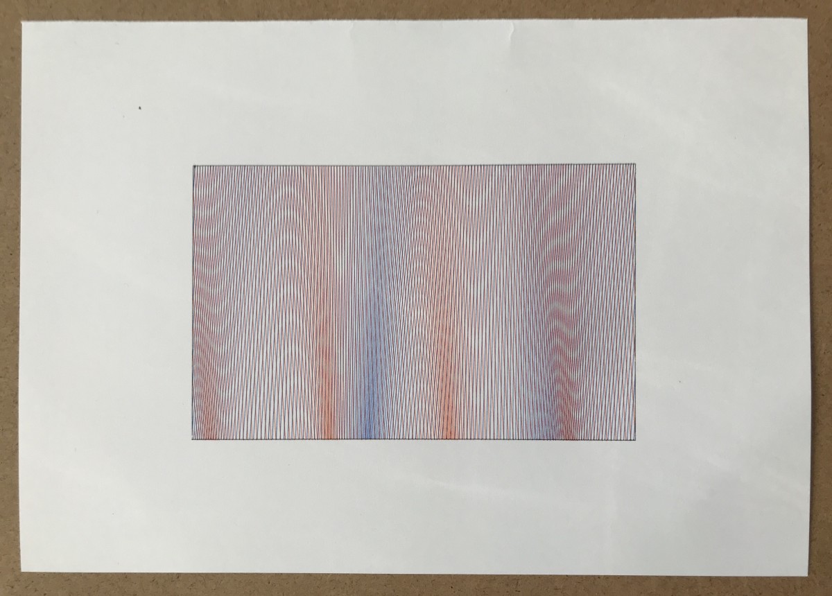 Plotter drawing with two sets of lines at a slightly different angle and spacing, producing a Moiré effect.