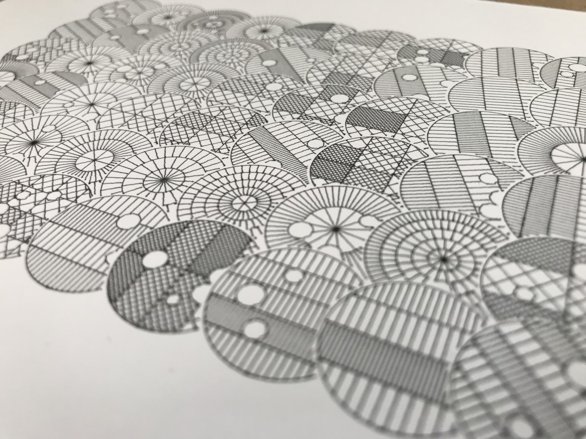 Plotter drawing of 6 by 9 slightly overlapping circles, with alternating hatch-filled patterns or smaller concentric circles inside them.