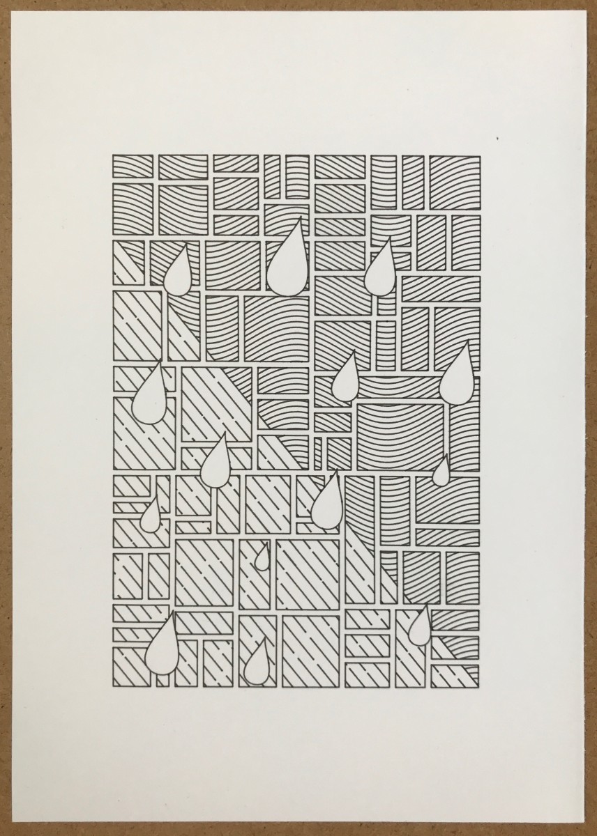 Plotter drawing of various unevenly sized rectangles with raindrop-like shapes in front of them, and a patter of waves and lines in the background.