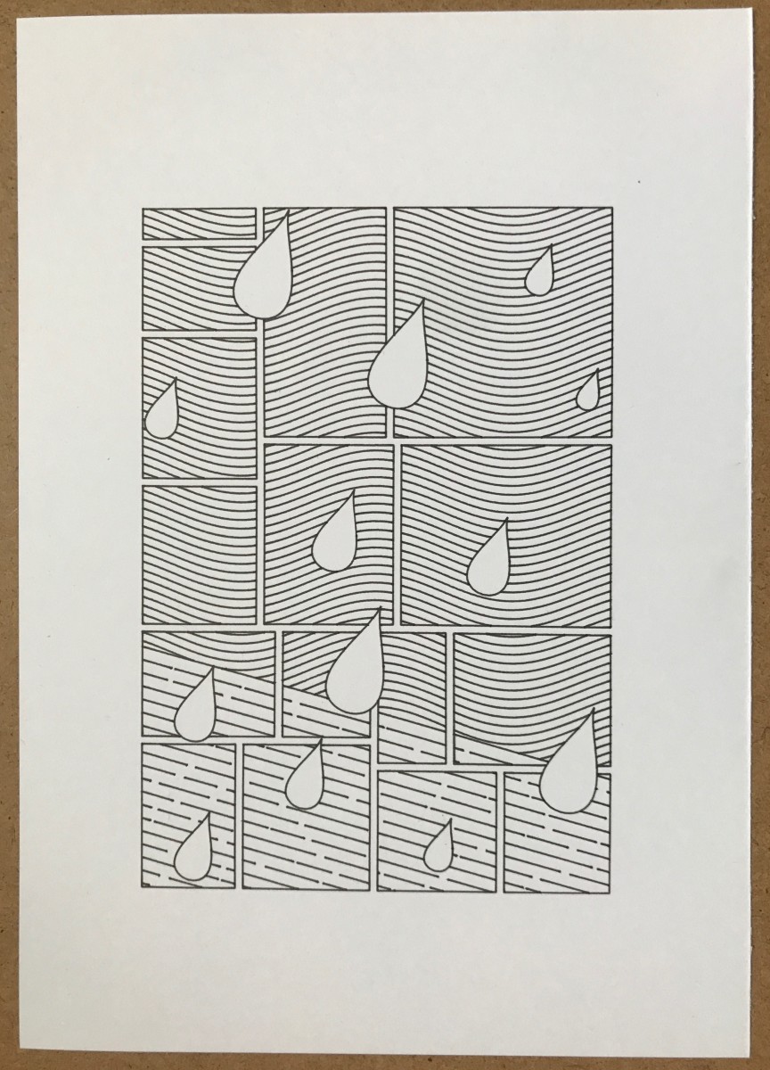 Plotter drawing of various unevenly sized rectangles with raindrop-like shapes in front of them, and a patter of waves and lines in the background.