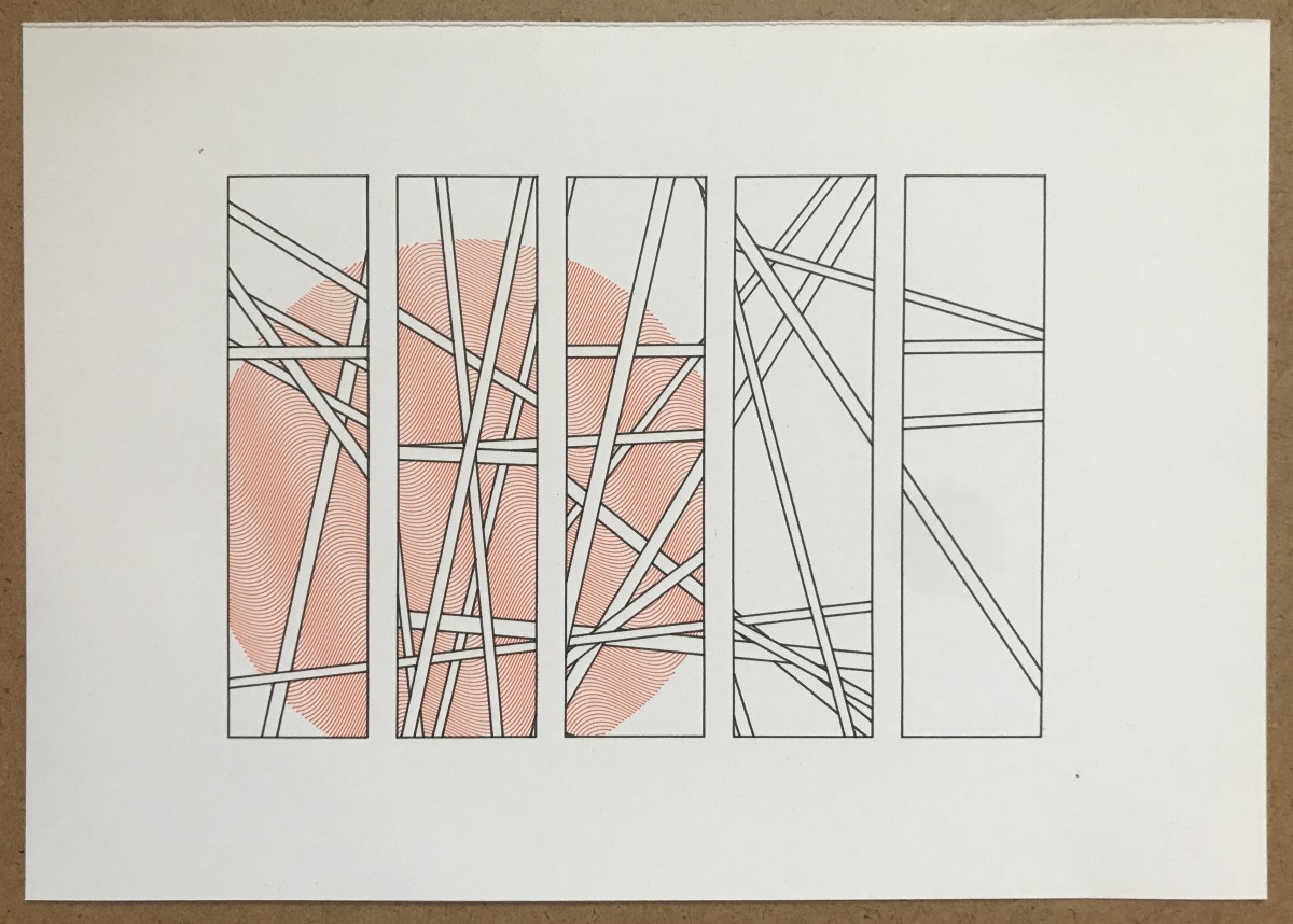 Plotter drawing of a large orange disk behind irregular criscrossing lines, as if seen through five thin and tall windows.