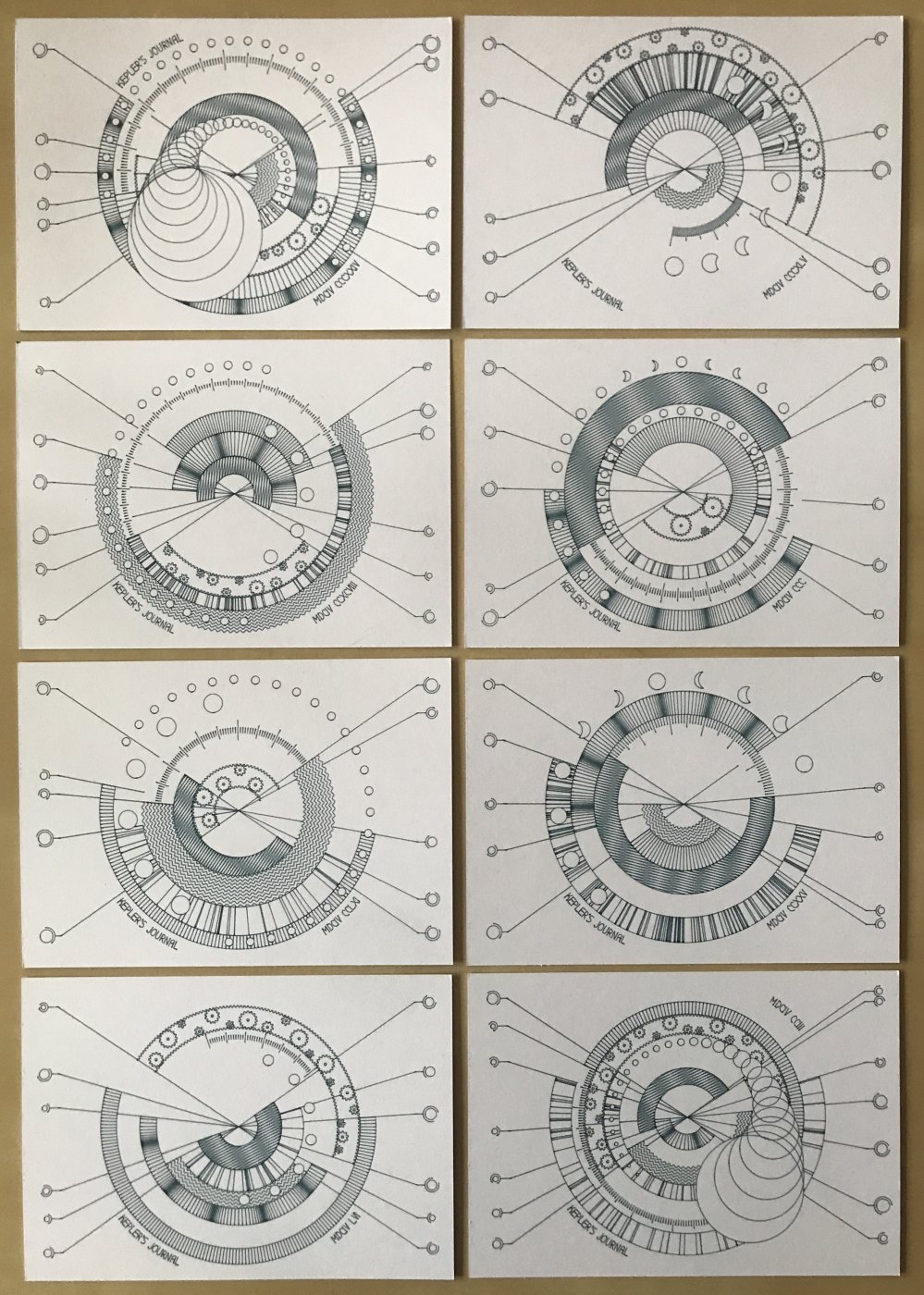 Plotter drawing of of concentric cirlces and various geometric patterns, reminiscent of an old celestial calendar.