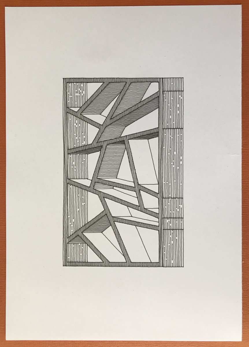 Plot of a concrete brick with geometric shapes hollowed out, rendered in an orthographic view from the corner. The lines are generated in a style that resembles hand drawing.