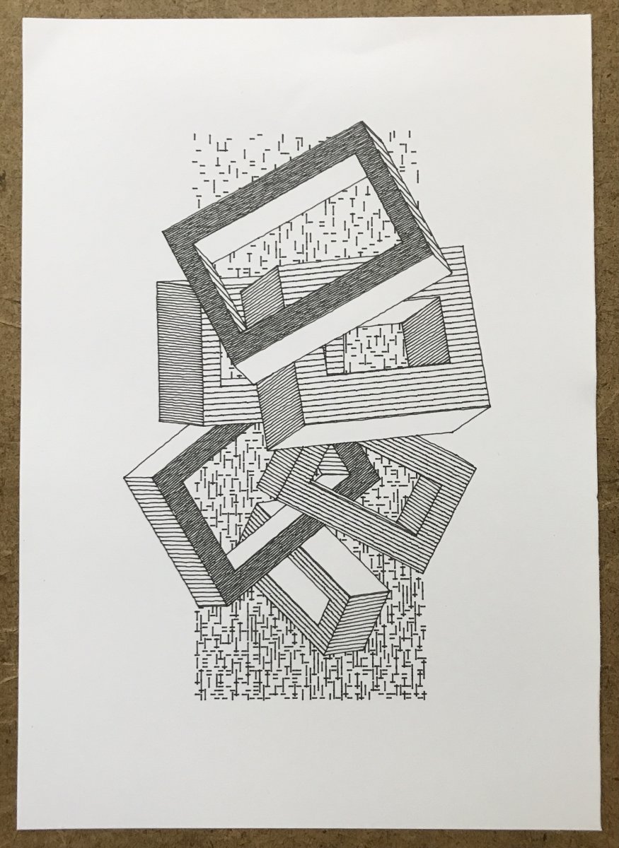 Plot of six tumbling cubic shapes, seen from an isometric perspective in front of a dithered background.
