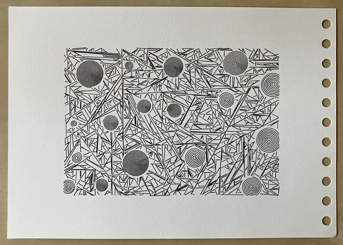Pen plot with a few densely woven spirals and a mish-mash of non-intersecting lines that fracture the space in an interesting way.