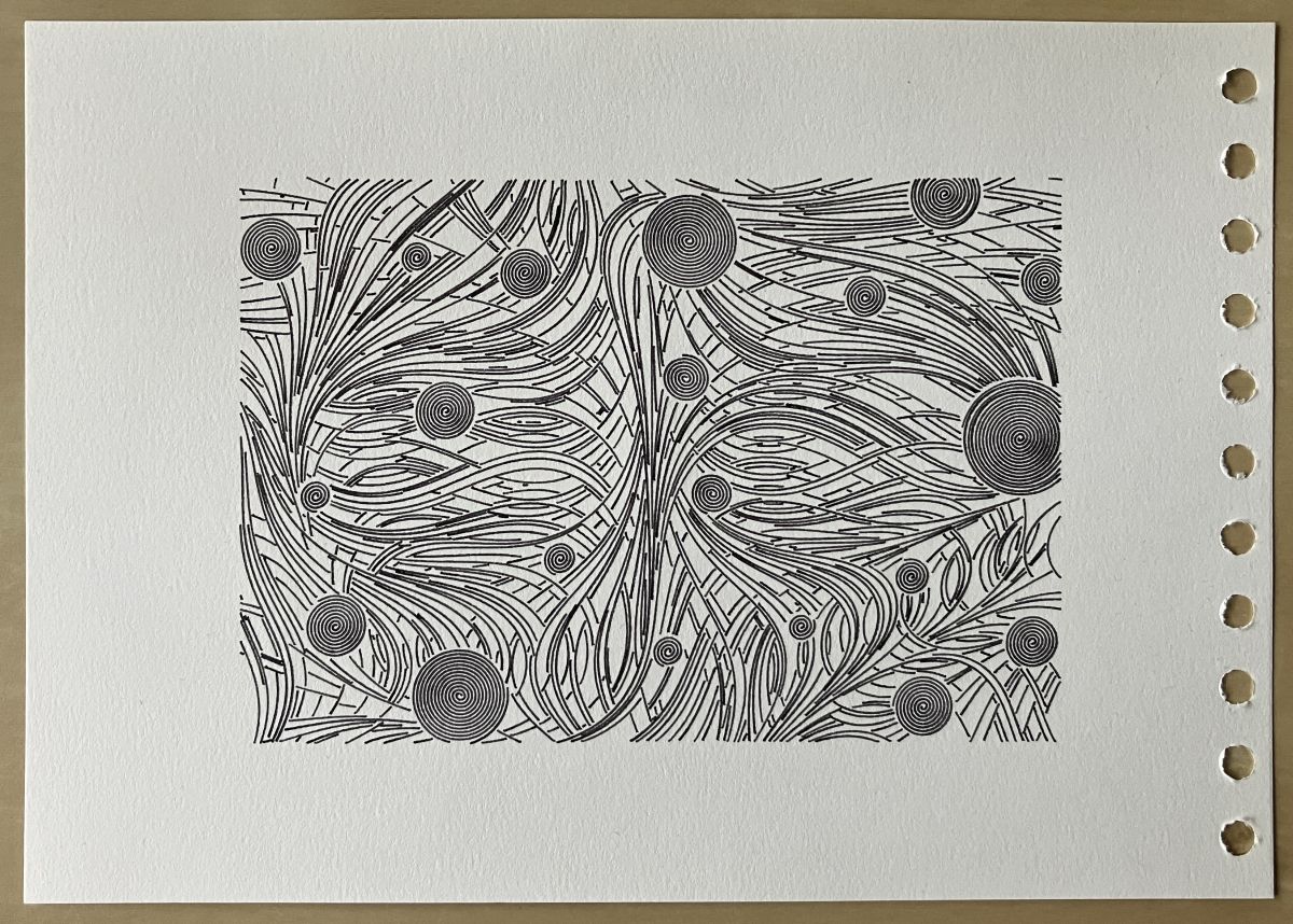 Fractured lines of two intersecting flow fields, with dense spirals randomly thrown in.