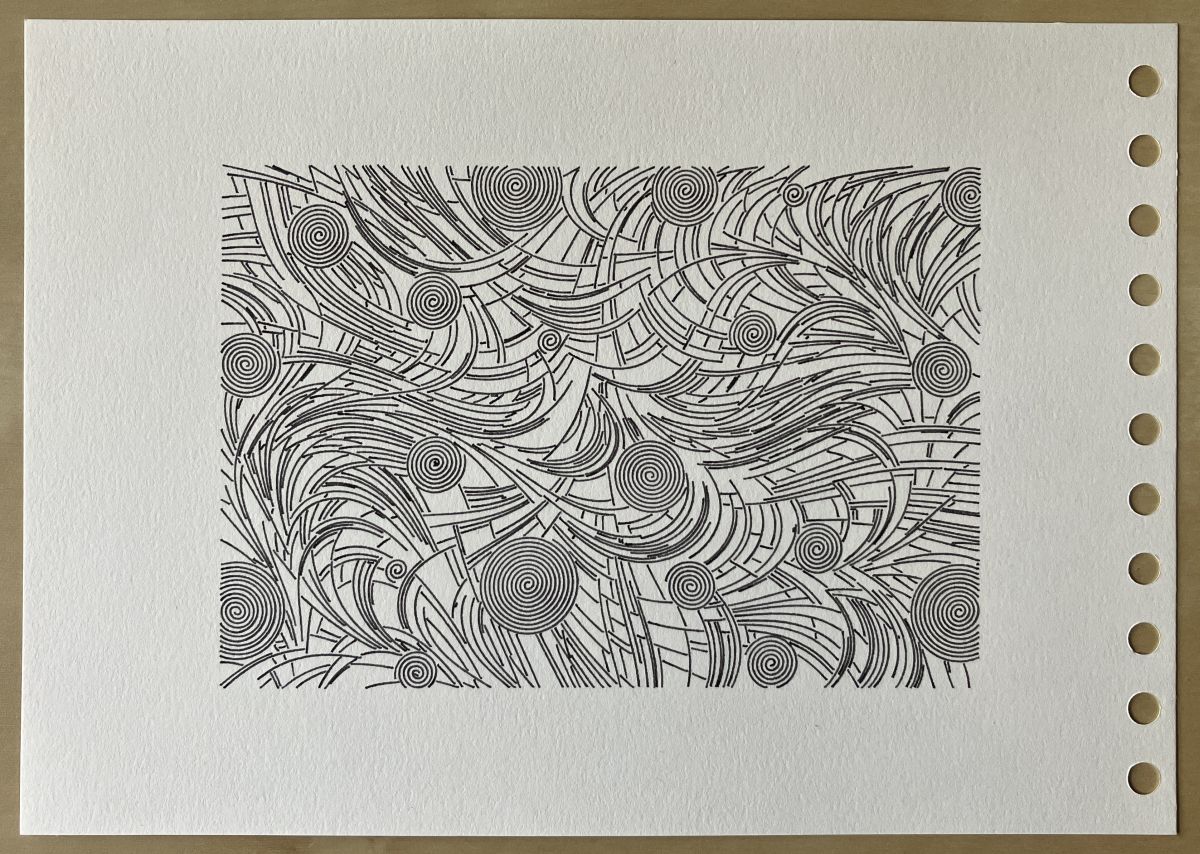 Fractured lines of two intersecting flow fields, with dense spirals randomly thrown in.