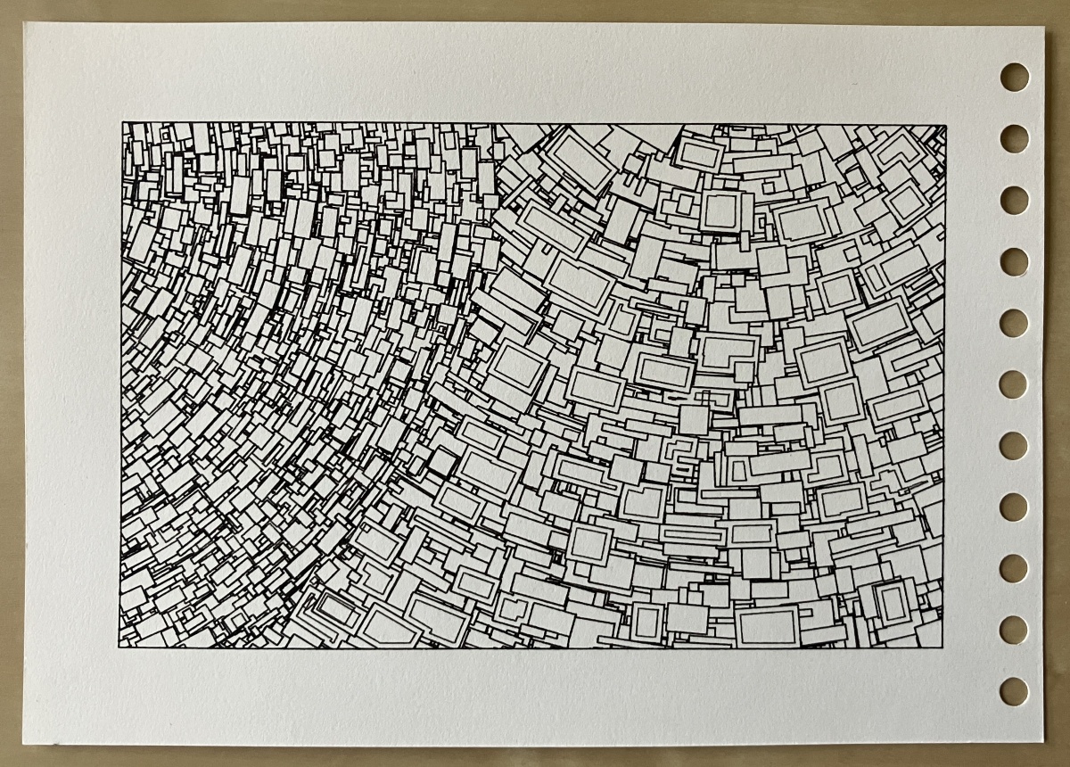 Line drawing of many small overlapping rectangles, loosely arranged along two distinct circles..